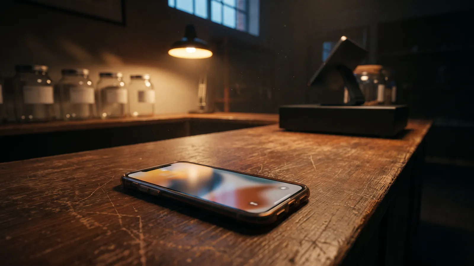 A smartphone glows face-up on a worn wooden shop counter late at night under a single lamp.