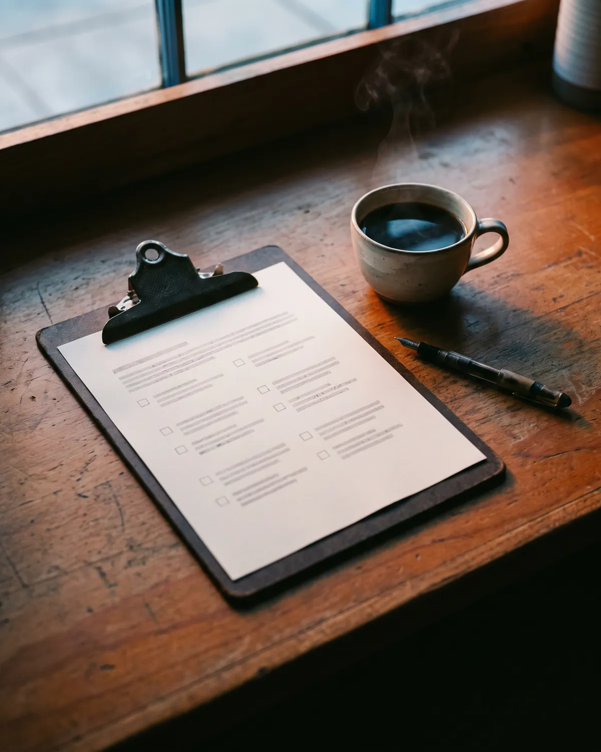A clipboard checklist beside a cup of black coffee and a pen on a wooden counter in early window light.