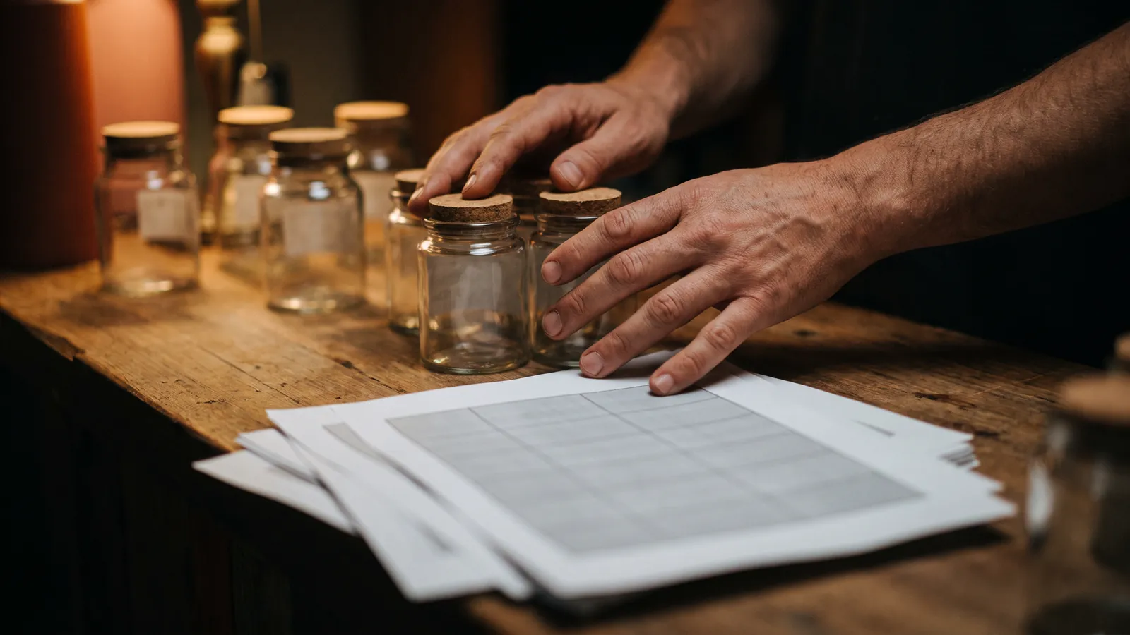 A shop owner's hands arrange glass jars beside a stack of lab paperwork in warm lamplight.