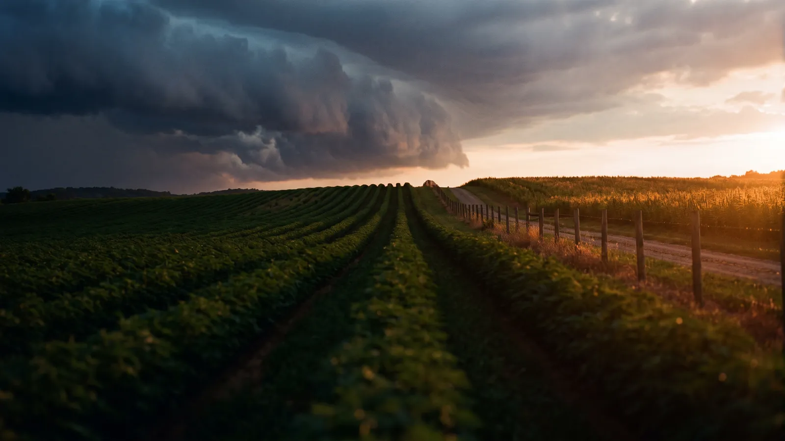 Rows of crops in the North Carolina piedmont at golden hour as a dark storm front rolls in.