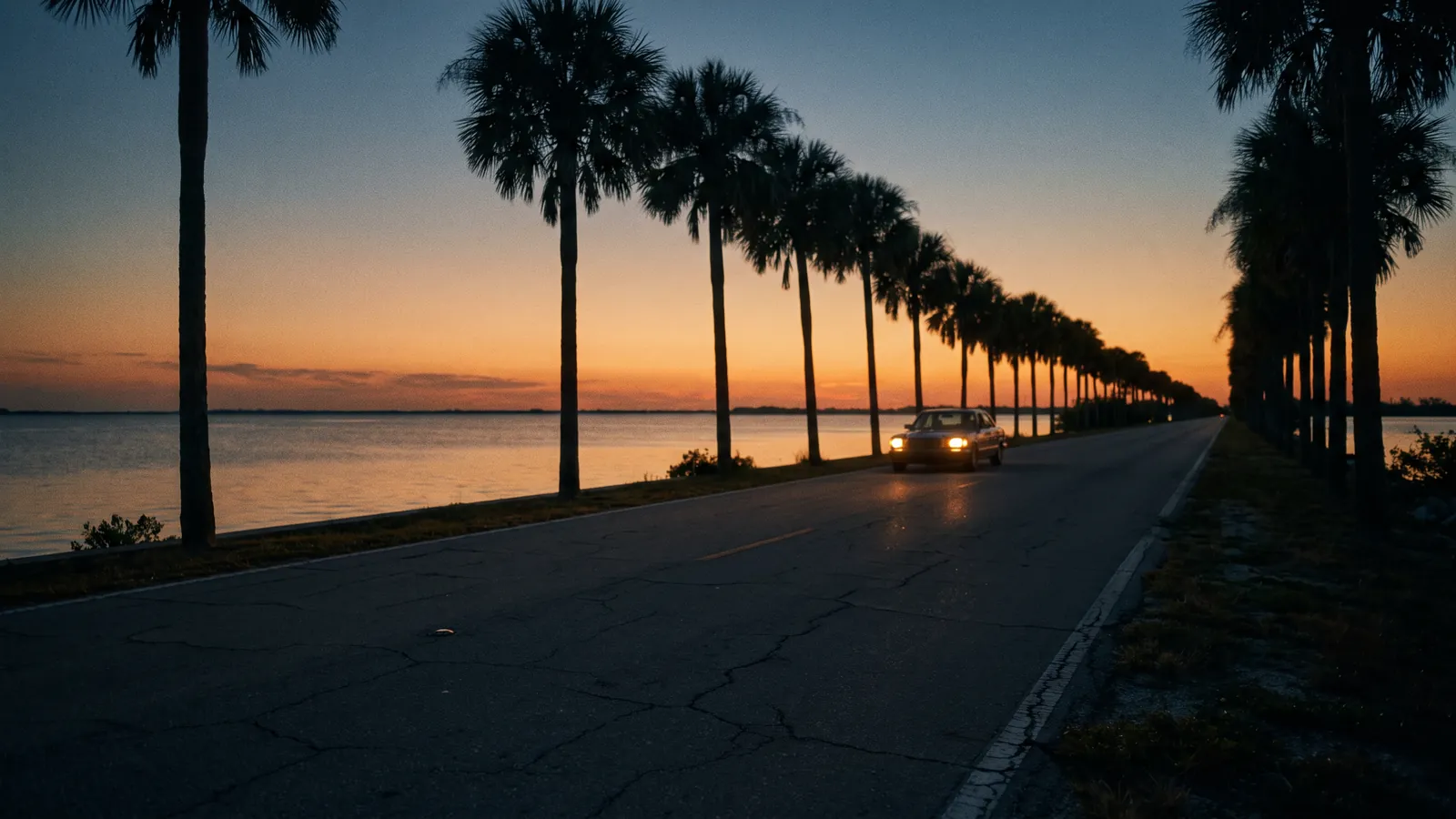 A palm-lined coastal causeway at dusk.
