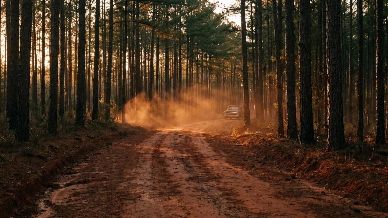 A red clay road through Georgia pines at golden hour.