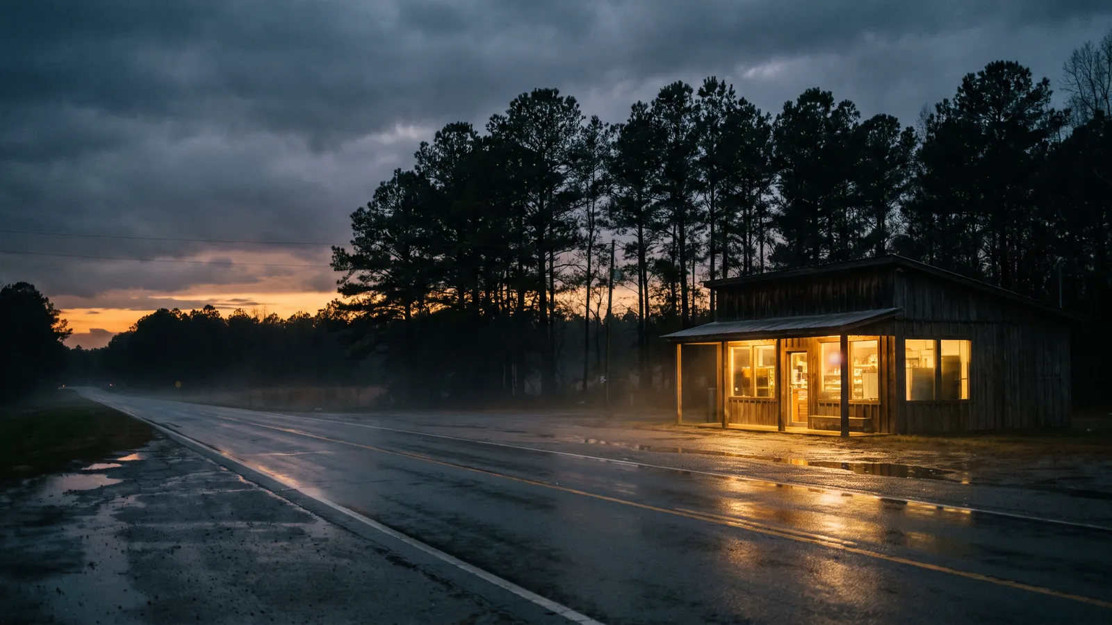 A small roadside shop glows warm at blue hour beside a wet two-lane highway, pines and breaking storm clouds behind.