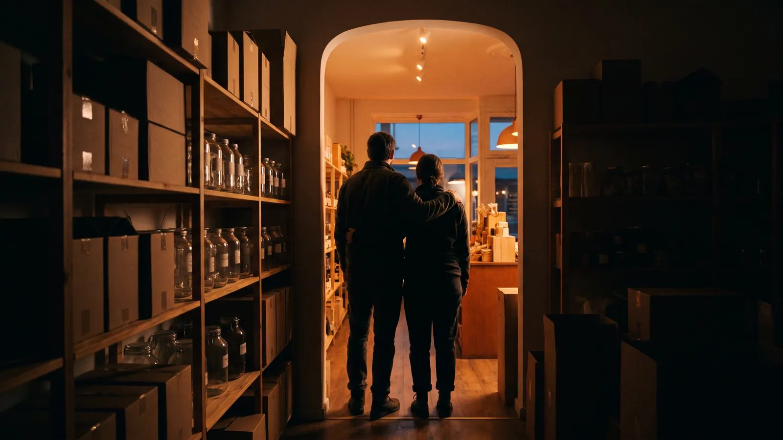 Two shop owners, seen from behind, stand together in a stockroom doorway backlit by the warm store beyond.