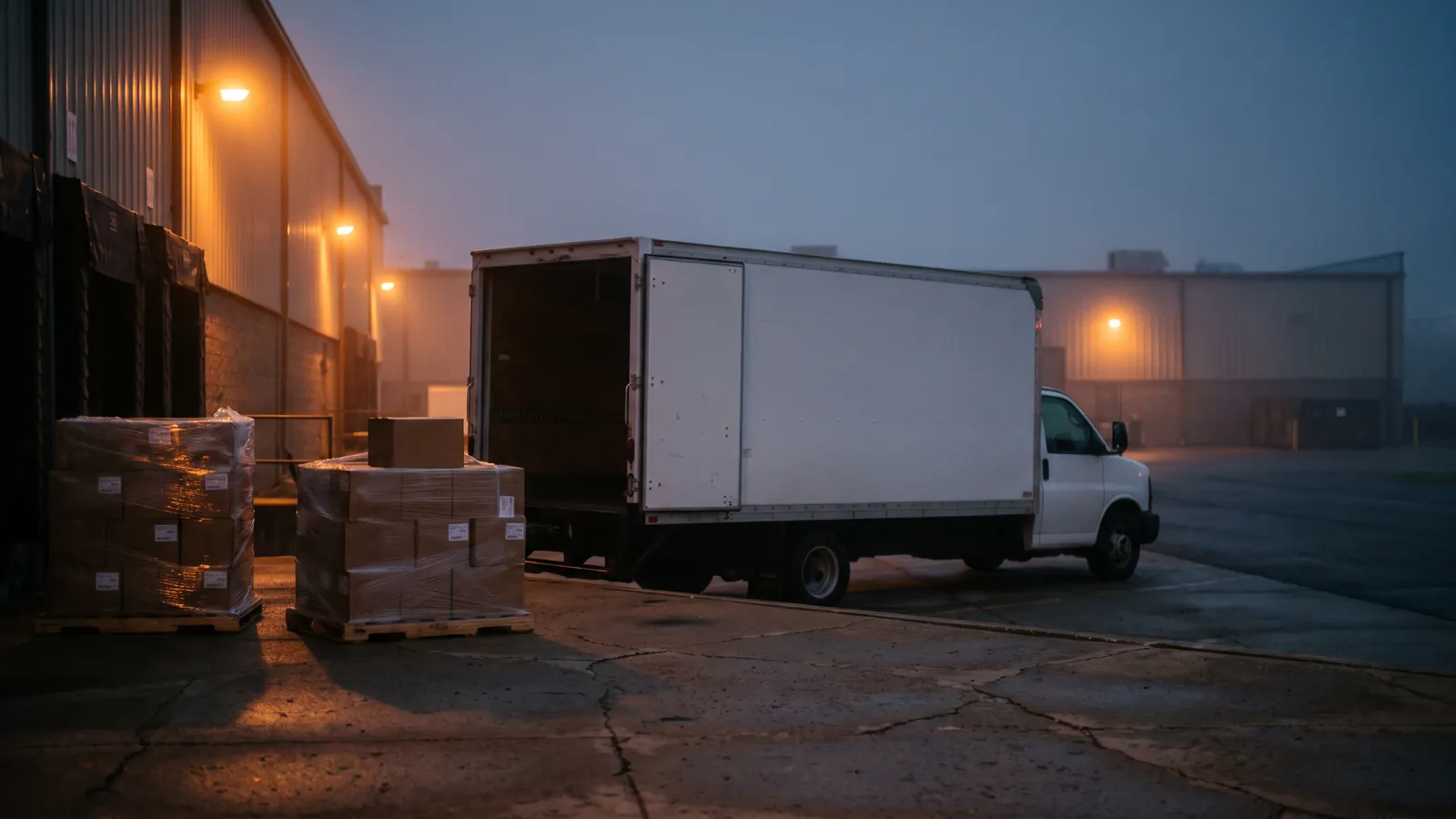 A box truck waits at a warehouse loading dock at dawn beside shrink-wrapped pallets.