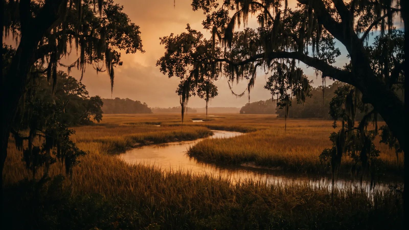 Lowcountry marsh under moss-draped live oaks in late light.