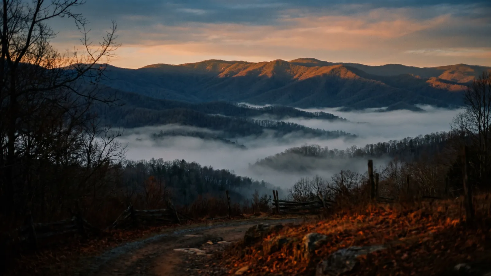 Fog in the valleys of the Great Smoky Mountains at sunrise.
