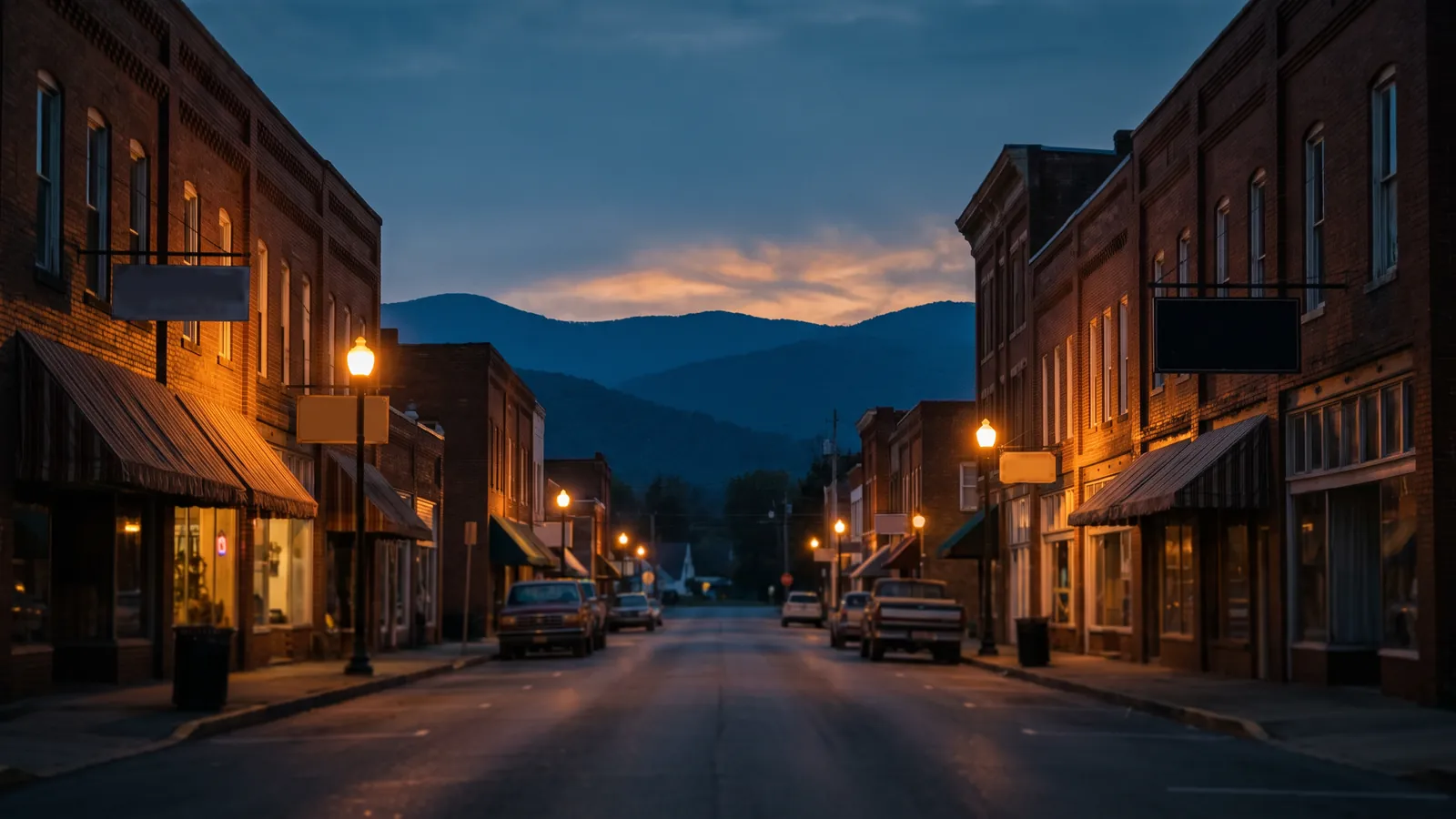 A brick main street in a small Appalachian town at dusk.